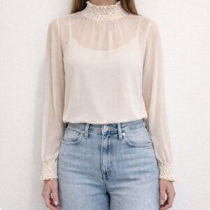 M Made in Italy Chiffon Mockneck Long Sleeve Sheer Cream Top, Women's Size XL
